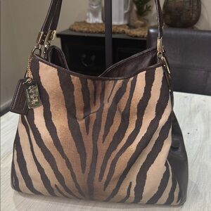 Coach Zebra Print Shoulder Bag in Brown and Tan